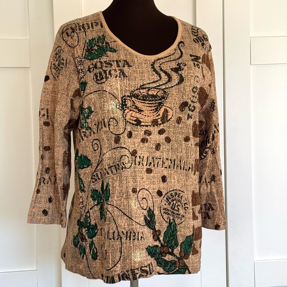 Cactus Bay Apparel Coffee Embellished Top Shirt 3/4 sleeves - Picture 3 of 7